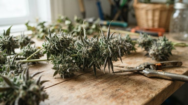 Freshly harvested cannabis branches with trimmed buds on a wooden table