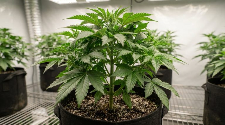 Lush cannabis plant in vigorous vegetative growth under indoor lights