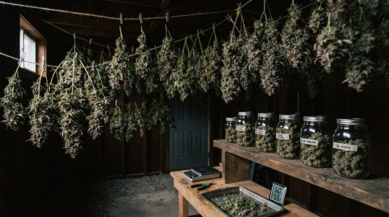 Cannabis branches drying on lines with curing jars on a shelf below