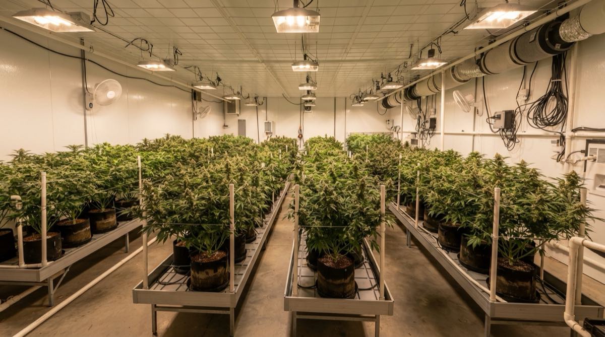 Healthy cannabis plants growing in a clean indoor grow room