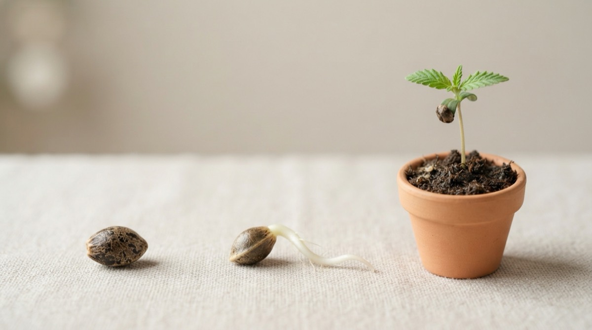 Cannabis germination sequence: dry seed, seed with taproot, and sprouted seedling in a pot