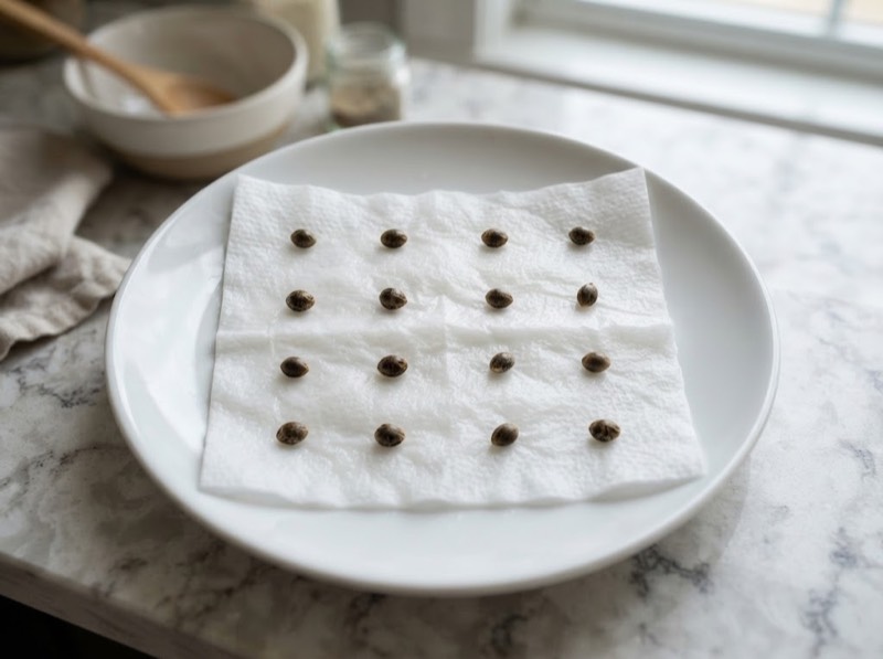 Cannabis seeds germinating on a damp paper towel on a plate