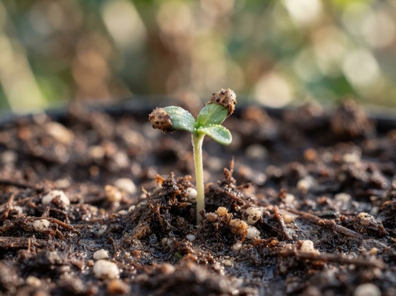 Cannabis seedling emerging from soil with cotyledon leaves