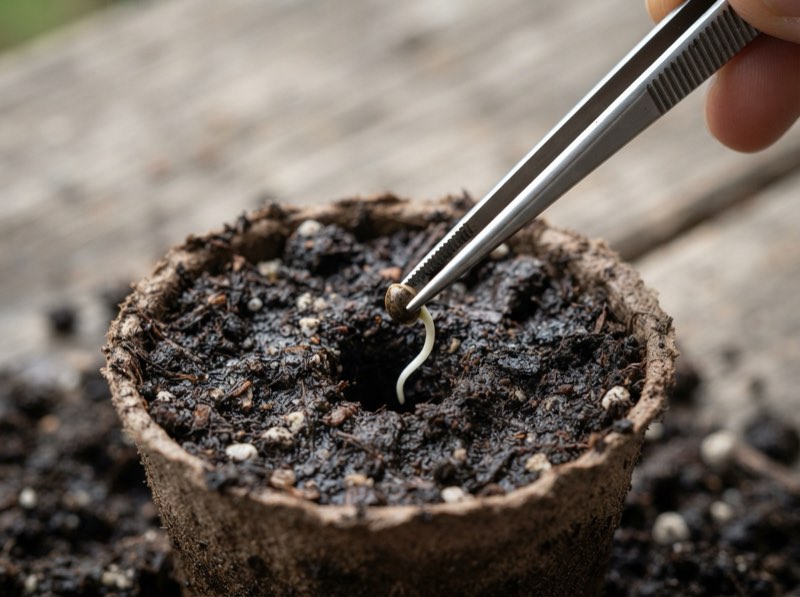 Planting a germinated cannabis seed with tweezers into a starter pot of soil